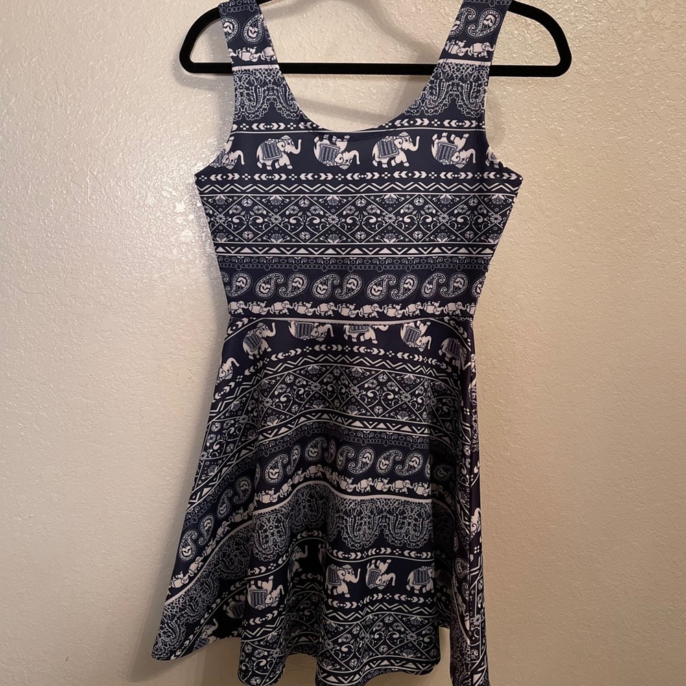 Blue and white stretchy skater dress